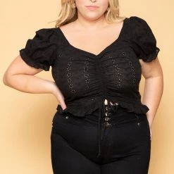 Ambiance Plus Size Brin Eyelet Top- Black New Arrivals