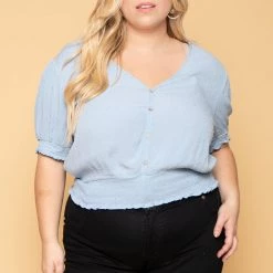 Ambiance Plus Size Juliana Peasant Top - Blue