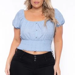 Ambiance New Arrivals Plus Size Lillian Eyelet Top - Blue