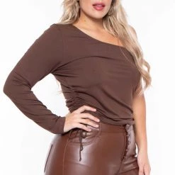 Ambiance Plus Size Avery Ruched Top- Brown