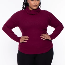Ambiance Plus Size Cowl Collar Long Sleeve Top - Burgundy
