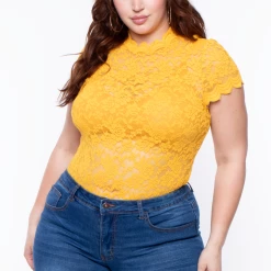 Ambiance Plus Size Floral Lace Top - Mustard