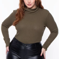 Ambiance Tops Plus Size Cowl Collar Long Sleeve Top - Olive