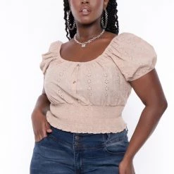 Ambiance Tops Plus Size Lillian Eyelet Top - Taupe