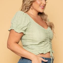 Ambiance New Arrivals Plus Size Brin Eyelet Top- Sage