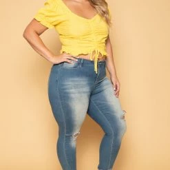 Ambiance New Arrivals Plus Size Brin Eyelet Top- Yellow