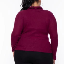 Ambiance Plus Size Cowl Collar Long Sleeve Top - Burgundy