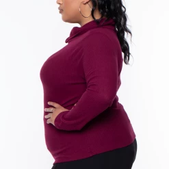 Ambiance Plus Size Cowl Collar Long Sleeve Top - Burgundy
