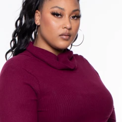 Ambiance Plus Size Cowl Collar Long Sleeve Top - Burgundy