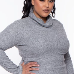 Ambiance Tops Plus Size Cowl Collar Long Sleeve Top - Heather Grey