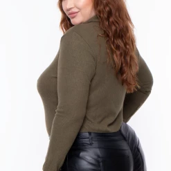 Ambiance Tops Plus Size Cowl Collar Long Sleeve Top - Olive