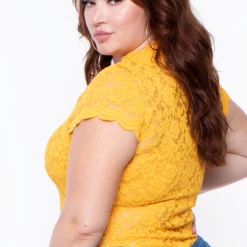 Ambiance Plus Size Floral Lace Top - Mustard