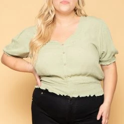 Ambiance New Arrivals Plus Size Juliana Peasant Top - Sage