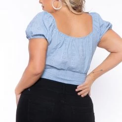 Ambiance New Arrivals Plus Size Lillian Eyelet Top - Blue