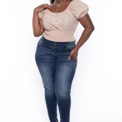 Ambiance Tops Plus Size Lillian Eyelet Top - Taupe