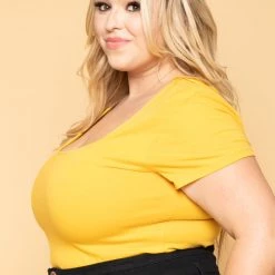 Ambiance Plus Size Scoop Neck Solid Top - Mustard Tops