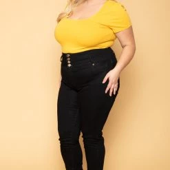Ambiance Plus Size Scoop Neck Solid Top - Mustard Tops