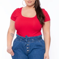 Ambiance Tops Plus Size Scoop Neck Solid Top - Red