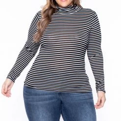 Ambiance Plus Size Striped Turtleneck Top - Black