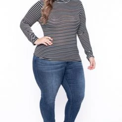 Ambiance Plus Size Striped Turtleneck Top - Black