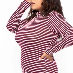 Ambiance Tops Plus Size Striped Turtleneck Top - Burgundy
