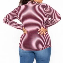 Ambiance Tops Plus Size Striped Turtleneck Top - Burgundy