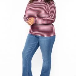 Ambiance Tops Plus Size Striped Turtleneck Top - Burgundy