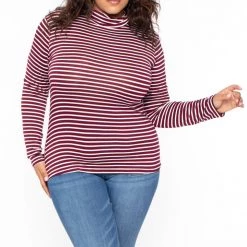 Ambiance Tops Plus Size Striped Turtleneck Top - Burgundy
