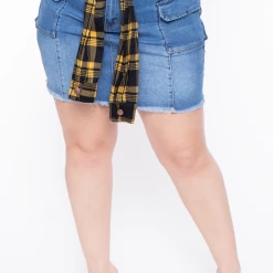 American Bazi Plus Size Plaid Tie Denim Skirt - Blue