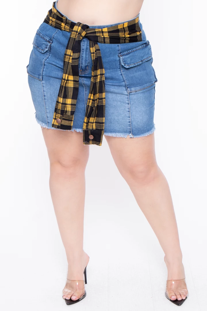 American Bazi Plus Size Plaid Tie Denim Skirt - Blue 3 American Bazi Plus Size Plaid Tie Denim Skirt - Blue