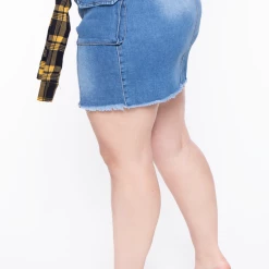 American Bazi Plus Size Plaid Tie Denim Skirt - Blue 9 American Bazi Plus Size Plaid Tie Denim Skirt - Blue