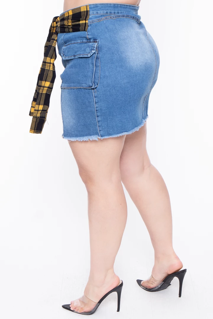 American Bazi Plus Size Plaid Tie Denim Skirt - Blue 5 American Bazi Plus Size Plaid Tie Denim Skirt - Blue