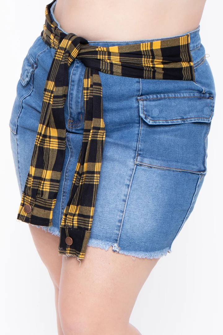 American Bazi Plus Size Plaid Tie Denim Skirt - Blue 6 American Bazi Plus Size Plaid Tie Denim Skirt - Blue