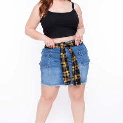 American Bazi Plus Size Plaid Tie Denim Skirt - Blue 11 American Bazi Plus Size Plaid Tie Denim Skirt - Blue