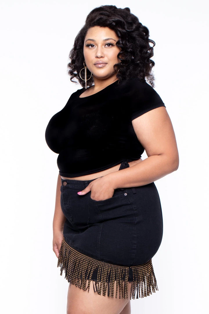 American Bazi Plus Size Stud Fringe Jean Skirt - Black Sale 6 American Bazi Plus Size Stud Fringe Jean Skirt - Black Sale