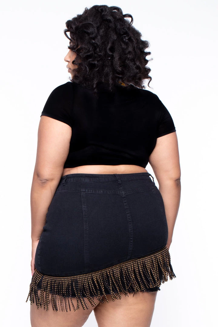 American Bazi Plus Size Stud Fringe Jean Skirt - Black Sale 5 American Bazi Plus Size Stud Fringe Jean Skirt - Black Sale