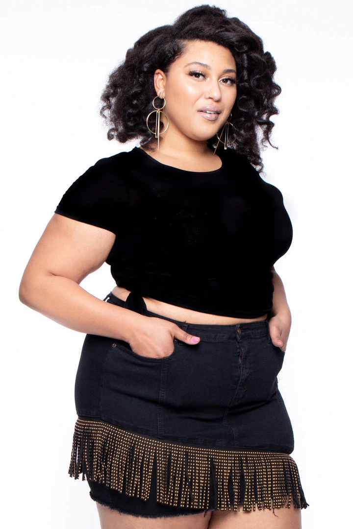American Bazi Plus Size Stud Fringe Jean Skirt - Black Sale 4 American Bazi Plus Size Stud Fringe Jean Skirt - Black Sale