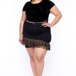 American Bazi Plus Size Stud Fringe Jean Skirt - Black Sale