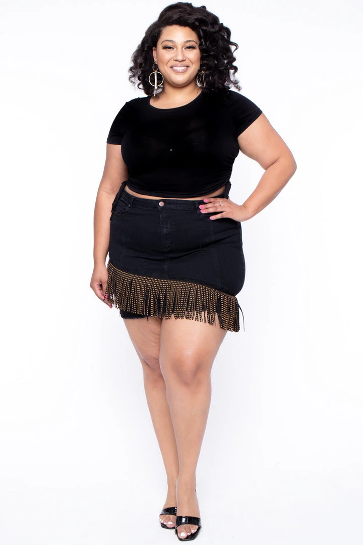 American Bazi Plus Size Stud Fringe Jean Skirt - Black Sale 3 American Bazi Plus Size Stud Fringe Jean Skirt - Black Sale