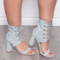 Azalea Wang Footwear Rhinestone Cut Out Lace-Up Booties - Denim