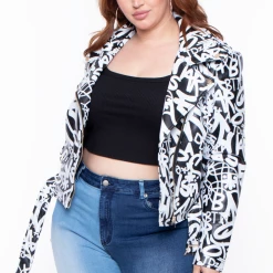 Plus Size Azalea Wang "Graffiti Print " Faux Leather Moto Jacket - Black Outerwear