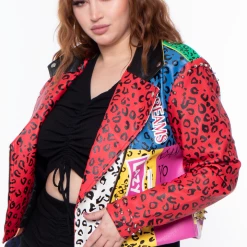 Plus Size Azalea Wang Leopard Faux Leather Moto Jacket - Red Multi Outerwear