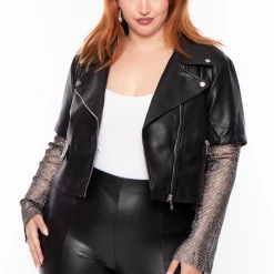 Azalea Wang Plus Size Clara Bling Vegan Leather Jacket - Black Outerwear