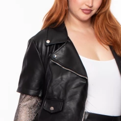 Azalea Wang Plus Size Clara Bling Vegan Leather Jacket - Black Outerwear