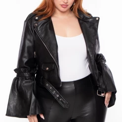 Azalea Wang Plus Size Sylvia Flare Vegan Leather Jacket - Black