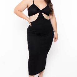 Blue Leopard Dresses Plus Size Rib Cutout Midi Dress - Black