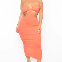 Blue Leopard Dresses Plus Size Rib Cutout Midi Dress - Coral