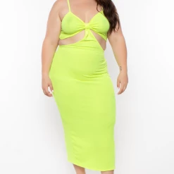 Blue Leopard Plus Size Rib Cutout Midi Dress - Lime