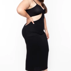 Blue Leopard Dresses Plus Size Rib Cutout Midi Dress - Black