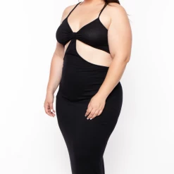 Blue Leopard Dresses Plus Size Rib Cutout Midi Dress - Black